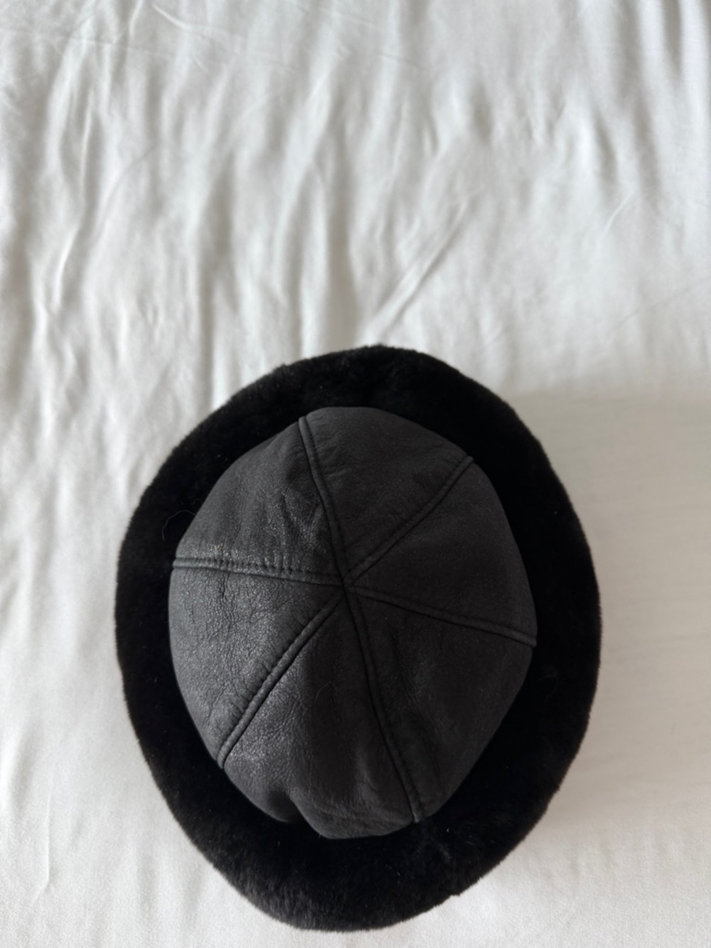 Black Shearling Leather Hat Faux Fur Trim Russian Style Winter Hat One Size